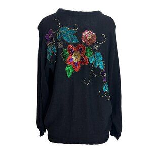 Vintage Sweater Exclusive Imports Womens Size Large Black Floral Sequin Beaded
